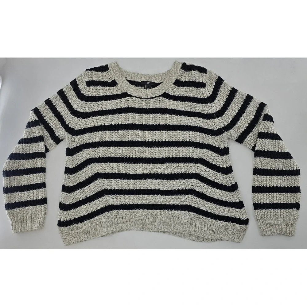 H&M Chunky Knit Sweater Women's Black Off-White Striped Loose Fit Pullover- L‎